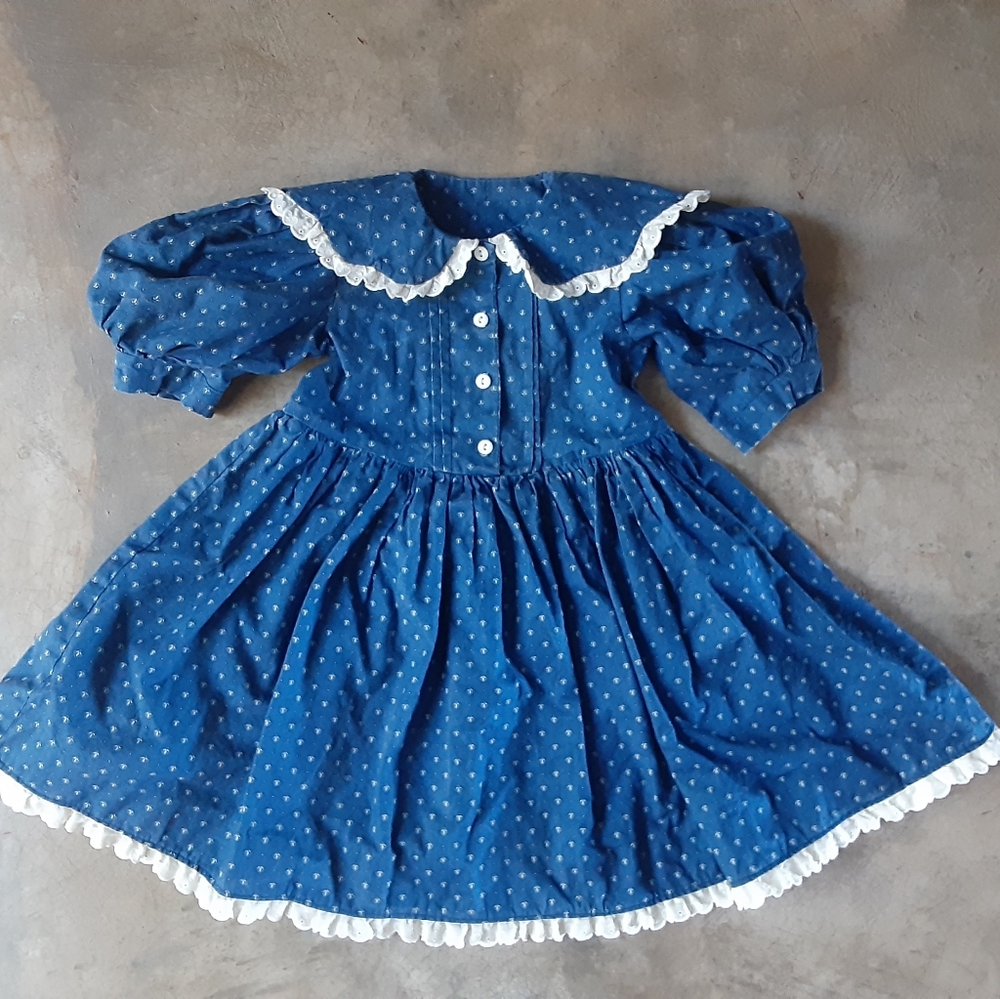 Vintage Girls Dress Handmade Puff Sleeve Collar 3T